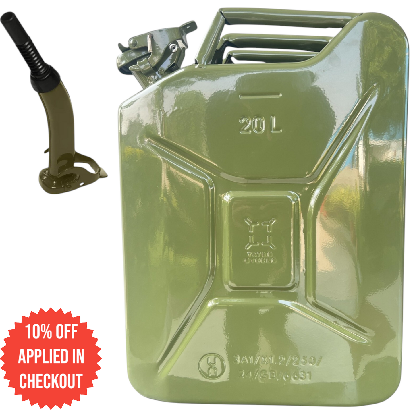 Yates® Authentic Steel Metal NATO Jerry Can 5 Gallon +Spout (Khaki)